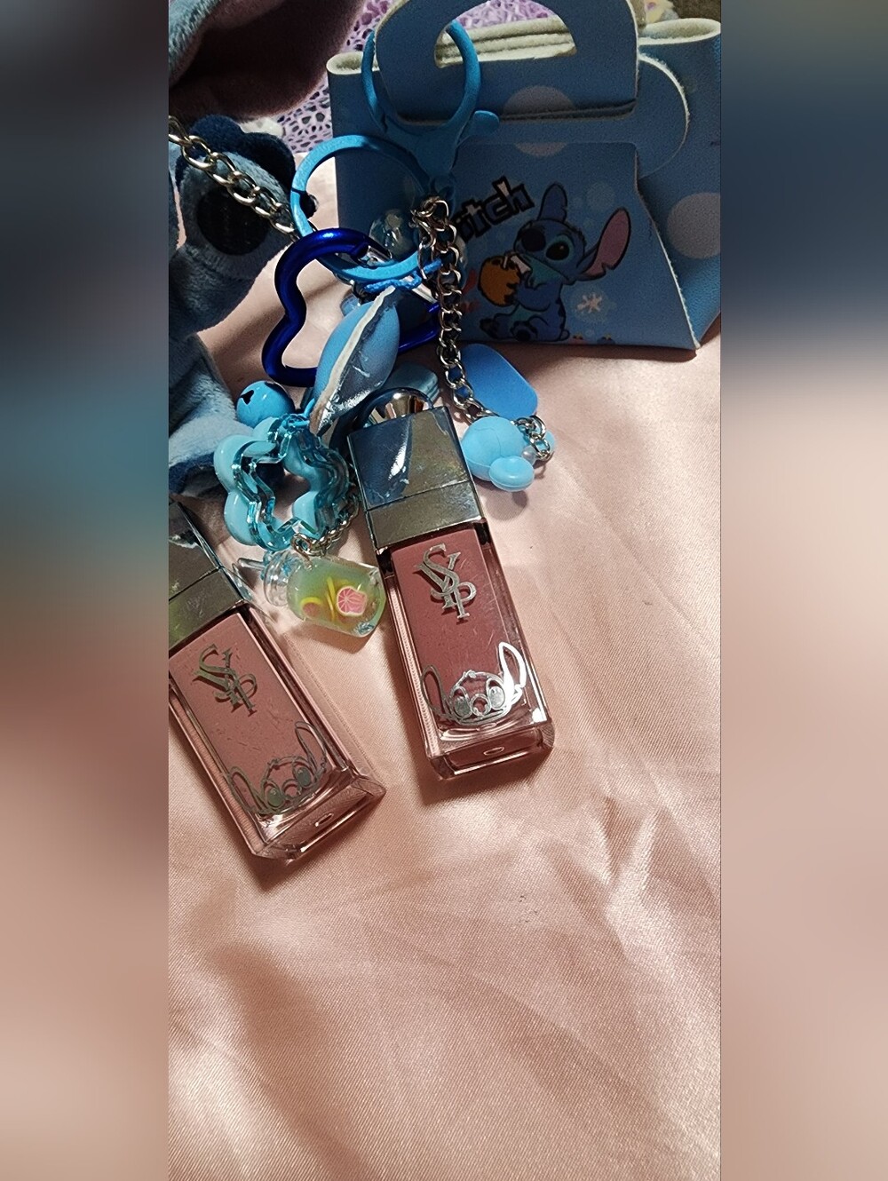 YSL Glossy Pink Lip Oil Duo with Stitch Blue Charm